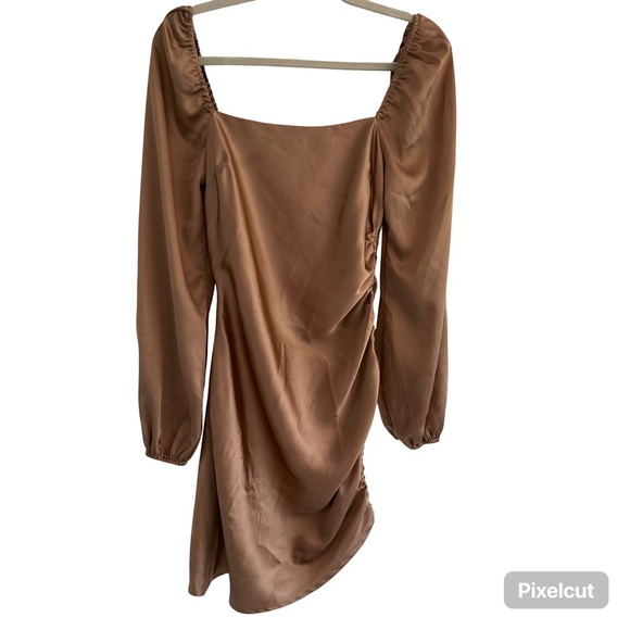 EMORY PARK Bronze Brown Satin Slinky Cinch Side Mini Dress Long Sleeve S - Picture 2 of 10